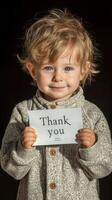 Child expressing gratitude while holding a thank you card against a dark background, showcasing innocence and joy photo