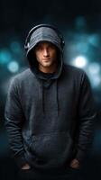 Young man wearing a hoodie and headphones poses confidently in a dimly lit urban setting at night photo