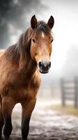 Brown horse stands calmly in misty pasture at dawn surrounded by wooden fence and soft gray haze photo
