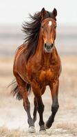 Majestic chestnut horse running swiftly across a vast open landscape during a bright day photo