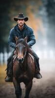 Rider on horseback navigating a misty trail in a serene forest setting during autumn morning photo