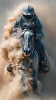 Rider and horse charging through dust in a dynamic equestrian moment during a competitive event photo