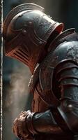 Medieval knight rests against stone wall while steam rises in cool, dimly lit environment photo