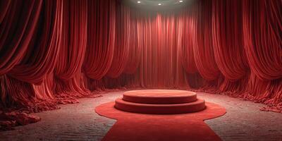 Red velvet stage with dramatic curtains and circular platform ready for performance in dim light photo