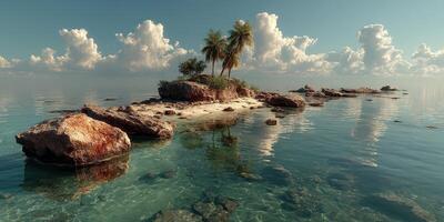 Secluded tropical island with lush palm trees under a bright sky and calm waters during midday photo