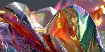 Colorful metallic foil crumpled and reflecting light in a creative display of texture and shine photo