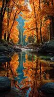 Vibrant autumn forest landscape with reflections in a serene river during golden hour photo