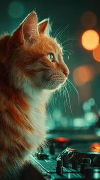 Cat focused on turntables during a vibrant evening, showcasing interest in music and sound photo