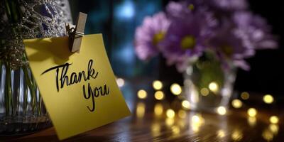 Small gratitude note attached to a clothespin beside flowers and warm lights in a cozy setting photo