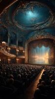 Elegant theater interior filled with an audience awaiting an evening performance illuminated by soft lighting photo