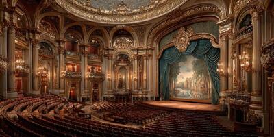 Ornate theater interior with grand stage and detailed architecture illuminated by chandeliers during a matinee performance photo