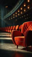 Cozy red chair in a dimly lit theater with a row of seats in the background during an evening performance photo