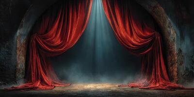 Mysterious red curtains parting to reveal a dimly lit stage in an ancient, abandoned theater photo