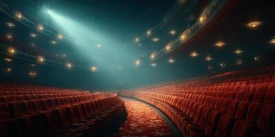 Empty theater with red seats illuminated by a spotlight during a quiet evening performance photo