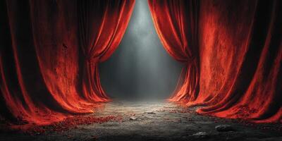 Dramatic red curtains parting to reveal a mysterious and dimly lit stage with glowing light in the background photo