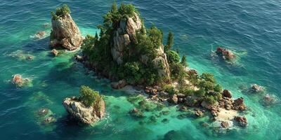 Captivating tropical island surrounded by clear turquoise waters under bright sunlight photo