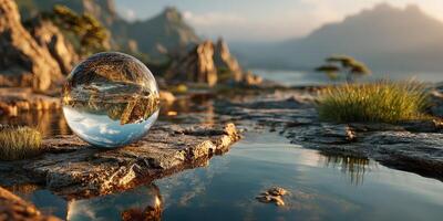 Reflection within a crystal sphere at a tranquil lakeside during the golden hour in a mountainous landscape photo