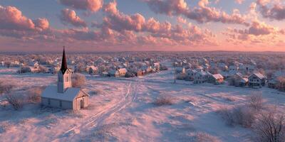 Winter sunrise illuminates a quiet snow-covered village with a charming church and serene landscape photo