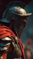 Ancient warrior in ornate armor stands solemnly during a battle reenactment in an outdoor arena at dusk photo