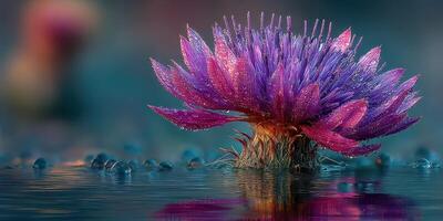 Vibrant purple flower with droplets reflecting in tranquil water setting at dawn in a serene natural landscape photo