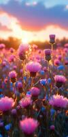 Vibrant wildflower field at sunset showcases breathtaking natural beauty and colorful blooms in rural landscape photo