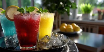 Refreshing summer drinks served with ice and lemon in a bright kitchen setting during the afternoon photo