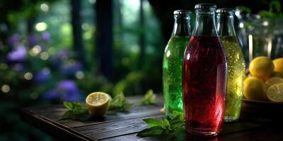 Refreshing drinks on a wooden table surrounded by greenery in the afternoon sunlight photo