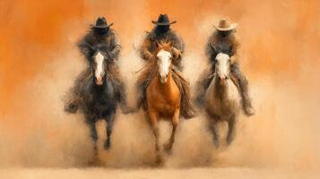 Three cowboys riding horses through dusty terrain at sunset, showcasing a dynamic western lifestyle and spirit photo