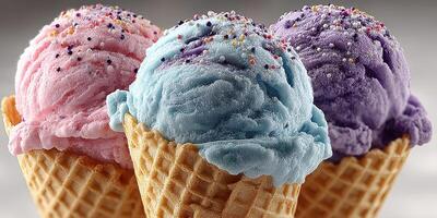 Colorful ice cream cones featuring pink, blue, and purple flavors topped with sprinkles photo