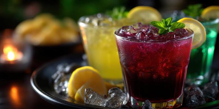 Colorful cocktails with lemon garnish served on a tray at a lively evening event in a cozy bar setting photo