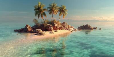 Calm tropical island with palm trees and clear turquoise water at sunset photo