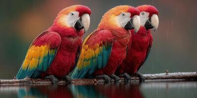 Vibrant macaws perched on a branch in a rain-soaked tropical forest during the early morning hours photo