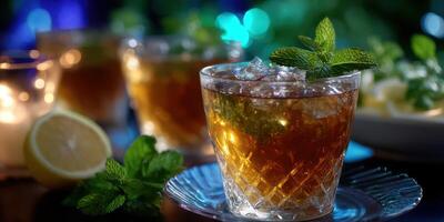 Refreshing mint iced tea garnished with fresh mint leaves and lemon slices in a cozy evening setting photo