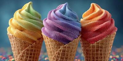Colorful frozen treats in waffle cones displayed against a vibrant background photo