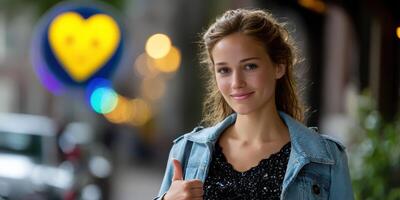 Young woman gives thumbs up with blurred heart-shaped light in the background during evening stroll on city street photo