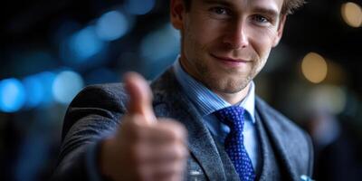 Confident businessman giving a thumbs up in a modern office setting with blurred lights in the background photo