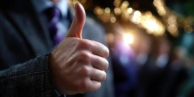 Person giving a thumbs up gesture in a formal setting during a celebration with blurred lights in the background photo