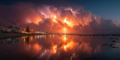 Stunning lightning storm illuminates the sky over a serene coastal landscape at dusk photo