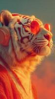 Majestic white tiger wearing sunglasses and headphones enjoys a vibrant sunset in an imaginative landscape photo
