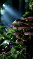 Fungi cluster thrives under soft sunlight in a mystical forest setting during early morning hours photo