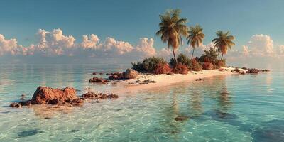Tropical island with palm trees and clear blue waters in a serene ocean setting at sunset photo