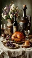 Elegant table setting with roasted chicken, wine, and fresh grapes at a rustic dinner party in soft evening light photo