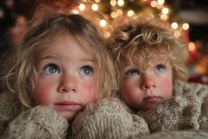 Children gazing in wonder at the illuminated Christmas tree during the holiday season photo