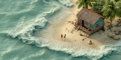 Beachside cabin next to turquoise waters with two figures walking along the shore during a sunny day photo