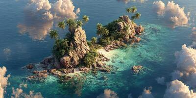 Secluded tropical island with rocky formations and lush palm trees surrounded by clear turquoise waters in a sunny sky photo