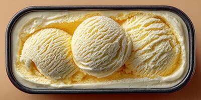 Delicious, creamy vanilla ice cream served in a black container with three perfect scoops ready to enjoy photo