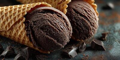 Rich and creamy chocolate ice cream served in crispy waffle cones with chocolate chunks photo
