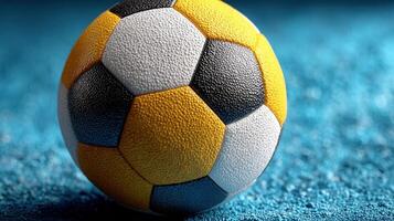 Soccer ball with black and yellow panels on a textured surface in a dynamic indoor setting photo