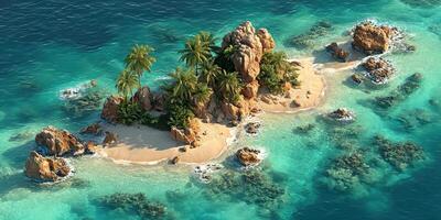 Beautiful tropical island with palm trees and clear turquoise waters under bright sunlight photo