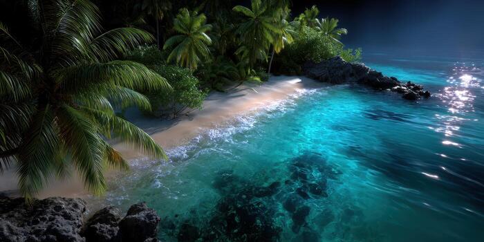 Serene tropical beach with clear blue waters and lush palm trees at twilight photo